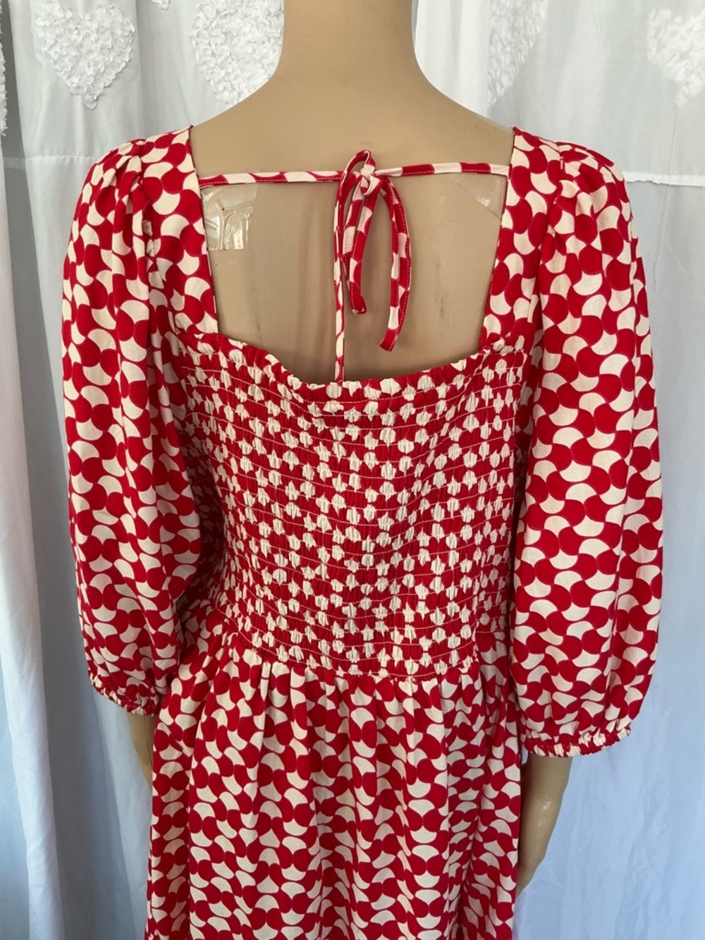 Ava & Viv Red Smocked Square-Neck Midi Summer Beach Red/White Dress 100%Cotton - Picture 4 of 13